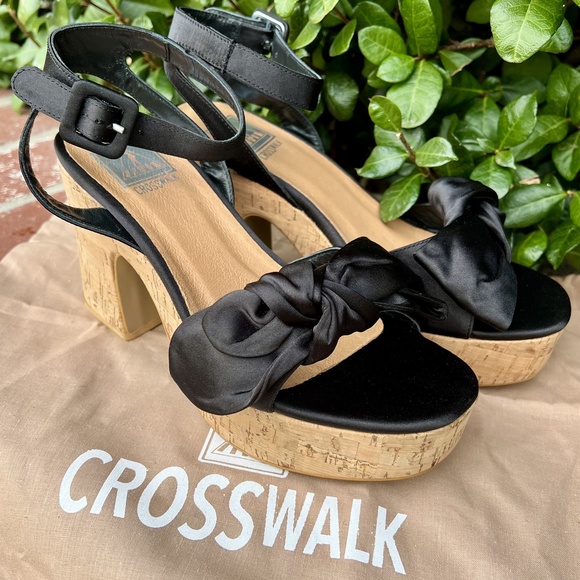 Crosswalk Shoes - NWT Crosswalk Fauver Cork Wedge Heels Black Satin Bow Block Sandals Size 39 8.5
